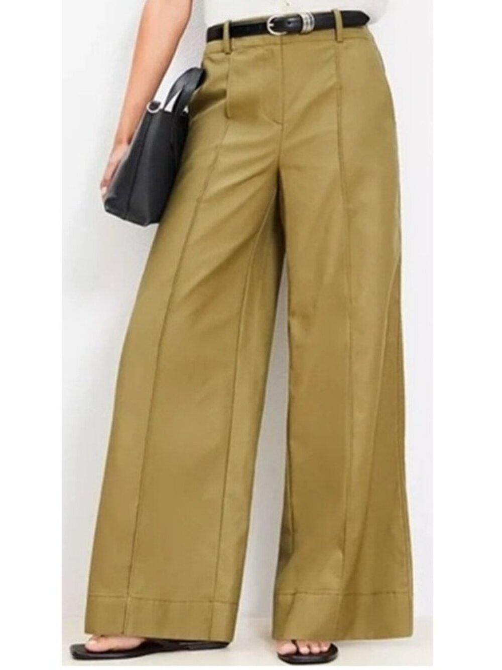 Ann Taylor LOFT Pintuck Trouser 12 Wide Leg High Rise Pants Olive Green Beach